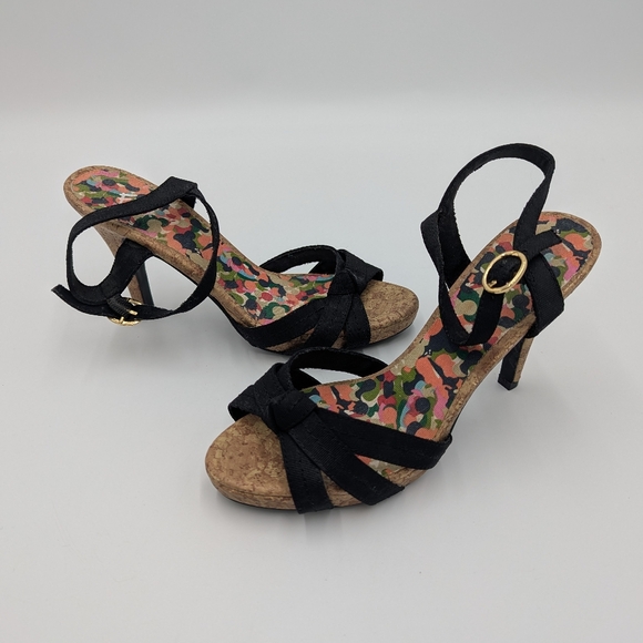 Fioni Black Bow Cork Sandals Heels Pin-Up Core Rockabilly Retro Summer 5.5W - Picture 10 of 11
